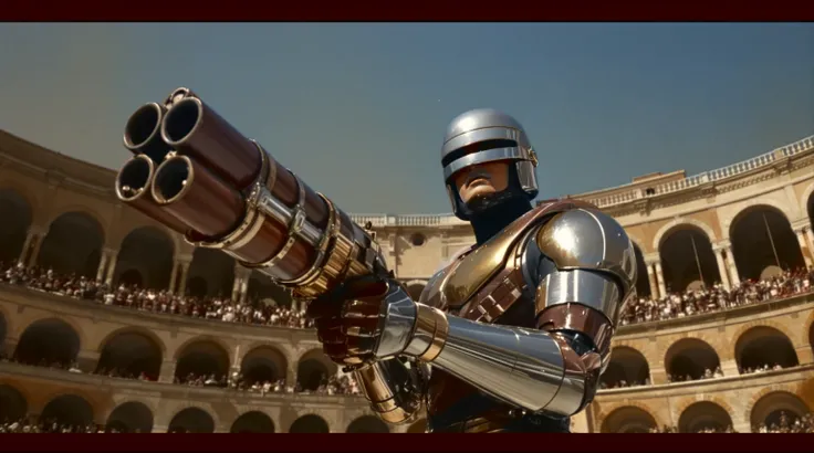 robocop gladiator, robocop as a gladiator, fighting other gladiators, in the coliseum, Rome (Italy), renaissance painting, pumping double barrel shotgun in center of arena, surrounded by gladiators ready to fight tooth and nail, ominous, unsettling, serene...