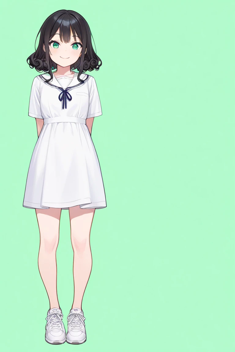 1girl,masterpiece,  top quality ,  Very Aesthetic ,  absurd, up to date,school uniform dress,curly black hair,happy,sneakers,Smile lightly,  beautiful,Alone, slender body 、stand、,sidelock ,jade eyes,endearing smile, chibi, full body,green background