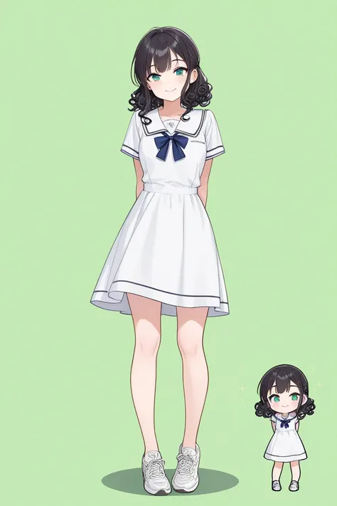 1girl,masterpiece,  top quality ,  Very Aesthetic ,  absurd, up to date,school uniform dress,curly black hair,happy,sneakers,Smile lightly,  beautiful,Alone, slender body 、stand、,sidelock ,jade eyes,endearing smile, chibi, full body,green background