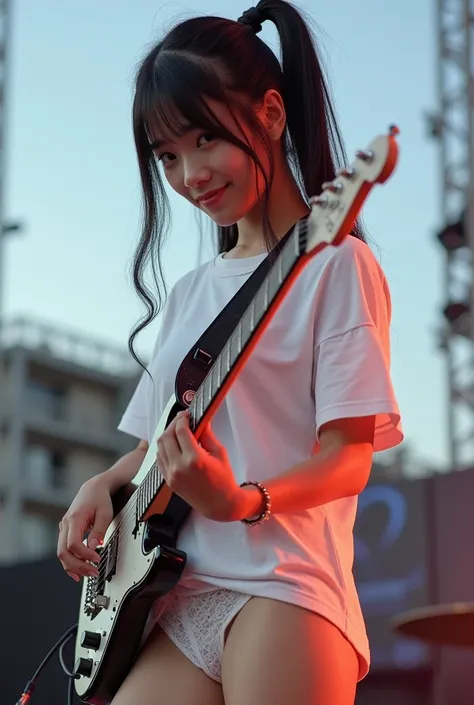 photorealisitc, real photograph, sexy lace panty, pussy hair, (Beautiful Japanese teen girl playing GRETCH guitar on stage at outdoor event), outdoor concert, (Best picture quality, 8K, RAW photo), (Realistic: 1.2), (Professional shooting technique), (Beau...