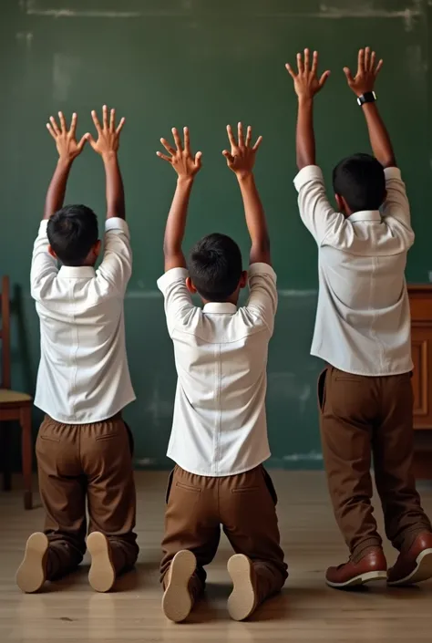 Two - three teenage Indian school boys kneel down punishment raising their hands wearing white shirt and brown half pants. Strict Lady teacher sitting on a wooden chair beside them wearing heels scolding them .Very realistic 