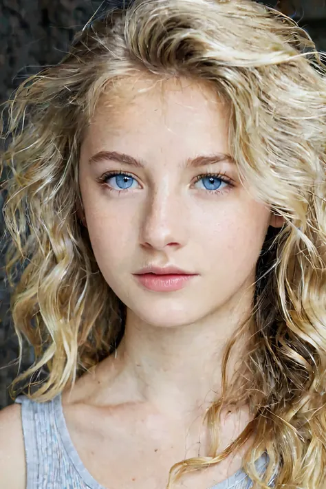 Woman, 18 years old, natural blonde, blue eyes, wavy hair