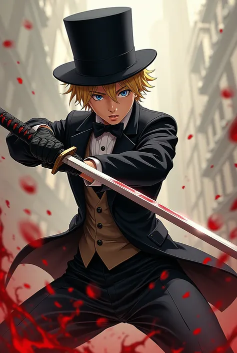 A blonde, blue-eyed boy、Wearing a tuxedo、Wear a top hat、 has a Japanese sword。Slash through the enemys body、 blood spatters with a female！