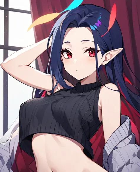 Girl, very light skin, scarlet red eyes, long dark blue hair, curtain bangs slightly raised and slightly showing a bit of forehead, glowing rainbow colourful feathers on her head (above her ears), HD, lazy, black revealing sweater with a boob window and sh...