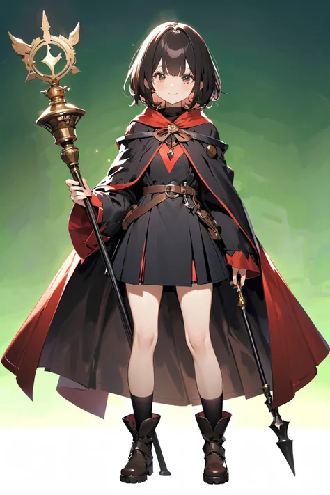 (green background:1.3), No wind, character sprite, wide shot, Break 
1 girl, (cute face), young, Intelligent Look, light smile, , petite, 150 cm tall,, Standing, full body, (black short hair, blunt ends), black eyes, (small breasts:0.6), slim, (dark brown ...