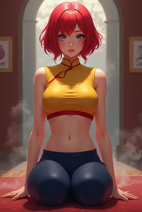  Make a female character with short hair , fringe, wavy and red ,  blue eyes,PIEL BLANCA,  blushing , sweat, muscular, show belly button, with a yellow Chinese crop top with a red collar,  very large breasts, a wide navy pans ,  very large butt ,  Back vie...