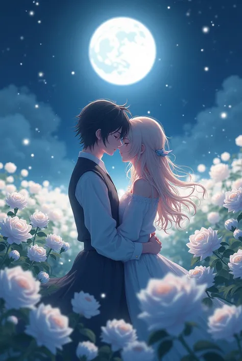 Rengoku and Tanjiro Kamado kissing under the moon in a field full of white roses