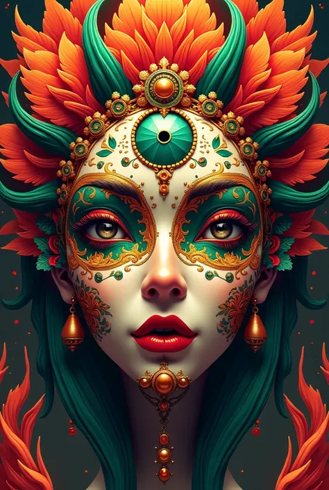 a vibrant stylized graphic circular mask face, warm earthy tones red, green, gold, teal, intricate patterns, third eye, radiating floral designs, (best quality,4k,8k,highres,masterpiece:1.2),ultra-detailed,(realistic,photorealistic,photo-realistic:1.37),di...