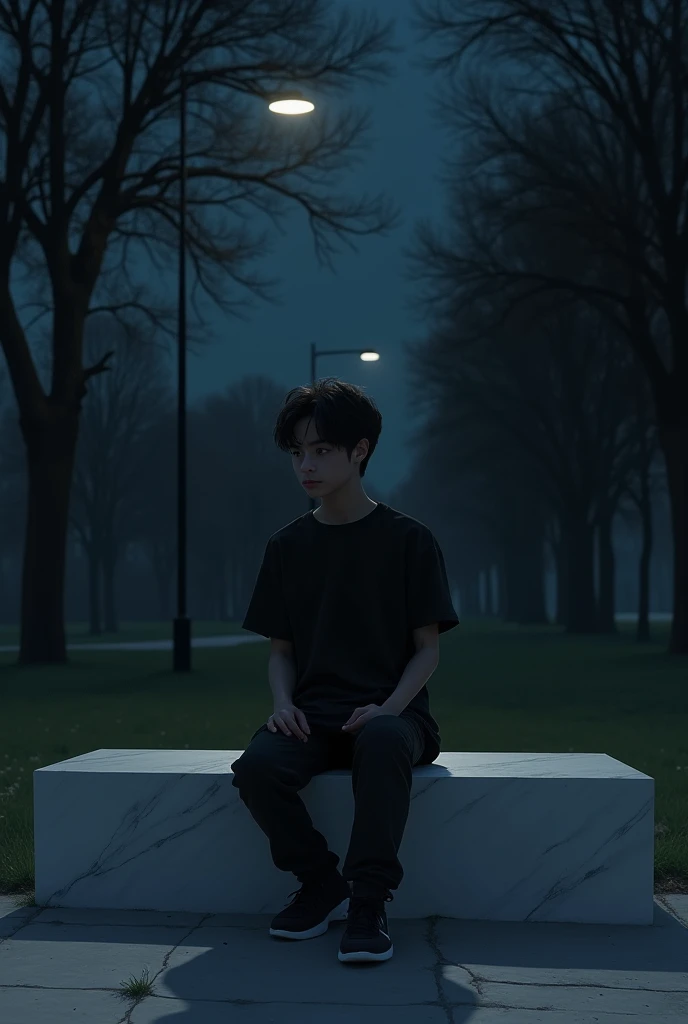 17-year-old dressed in black (t-shirt and sweatpants )  sitting on a white marble bench in a park in the dark. 