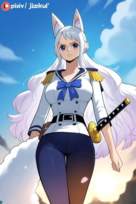 anime girl with long white hair, she has a long white fox ears, standing in front of a sky, an anime drawing by Jizoku, pixiv, from one piece, one piece style, fine details. One piece, anime girl with long hair, big breasts, long female character, female a...