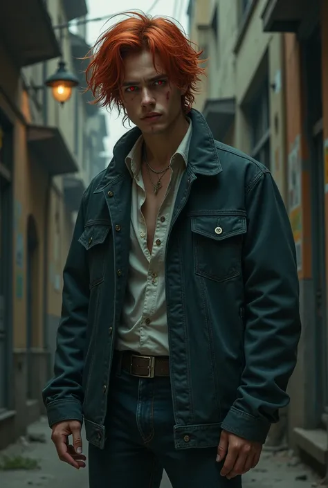 (high resolution, masterpiece, best work), A very handsome red-haired drug dealer boy with red eyes and pale skin wearing jeans in a slum alley, sadistic smile, (smiling), his eyes are NOT brilliant, little bruises on his face, wearing jeans, slum alley ba...