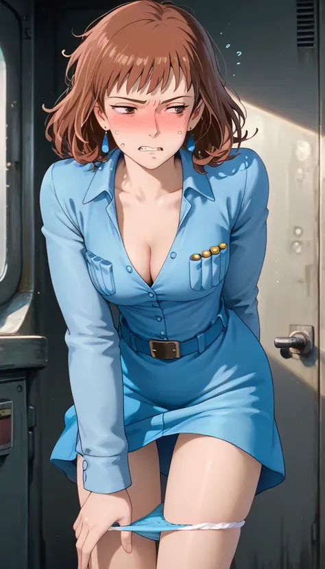 (cleavage ,open shirts:0.8)(narrowed eyes:1.7) empty eyes  style style source_ anime anime_ coloring (Nausicaa,1girl,brown hair,　medium hair,　brown eyes, breasts, Nausicaa,1girl,brown hair,　medium hair,　brown eyes, breasts, earrings, (light blue dress:1.3)...