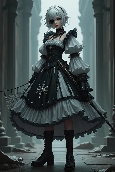 Female black gothic lolita warrior, short white hair,  eye patch,  