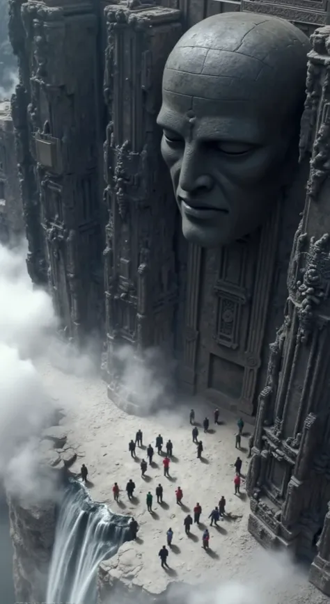 "An ultra-realistic 4K scene in a 16:9 aspect ratio showcasing a massive, ancient stone wall carved into the face of a towering cliff. The wall features the colossal face of a serene, stone figure, intricately detailed with weathered cracks and markings, c...