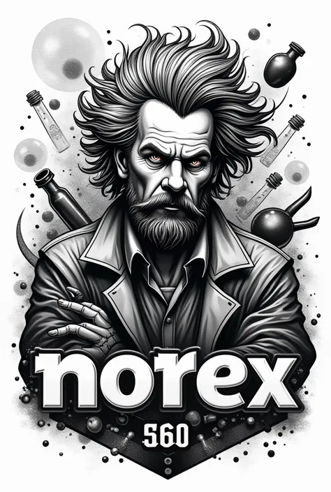 Logo dun savant fou avec une coupe de cheveux mullet, objets de laboratoire, texte "NONEX" avec une typo large et destructuré, style de dessin trash punk et en chrome noire et blanc 3D