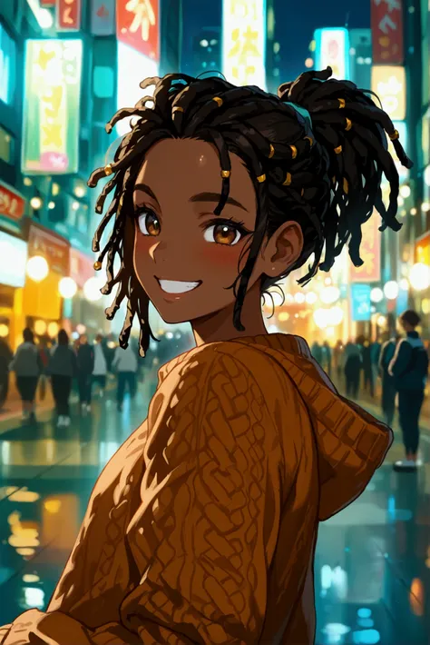 1Girl, Dark Skin, Dreadlocks, Brown Eyes, Brown Sweater, Black Gym Leggings, Looking At Viewers, Posing, Winking, Smile, Teeth, Blush, Solo, City Night Background, Anime, High Resalution, Best Quality, From Front, 