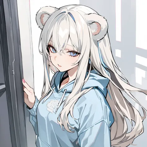  1 girl, masterpiece,  top quality ,  girl, bangs, LONG HAIR LONG HAIR 、Polar bear ears 、 LONG SLEEVE HOODIE WHITE　 light blue eyes