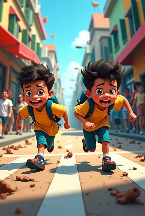  Create a boy named Chambi and his friend just like him, They are schoolchildren , And the two of them escape terrified in the street alone. Let them be in a cartoon 