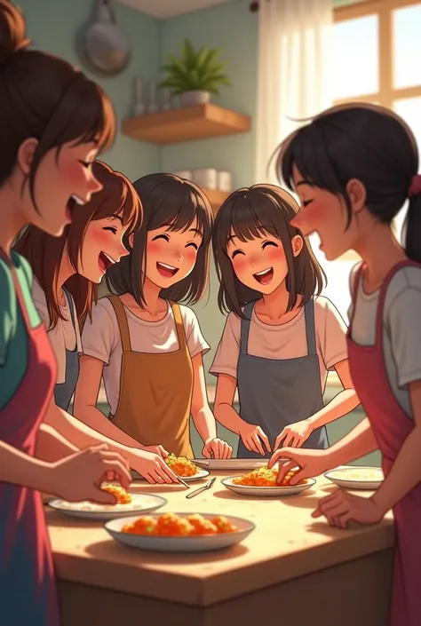 6 girls out of 10 laughing while cooking