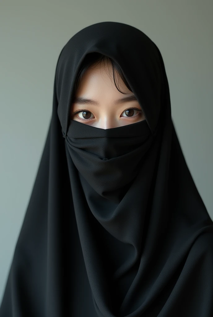 Japanese girl wearing a black niqab, face covered by the niqab, highly detailed, realism, cute eyes