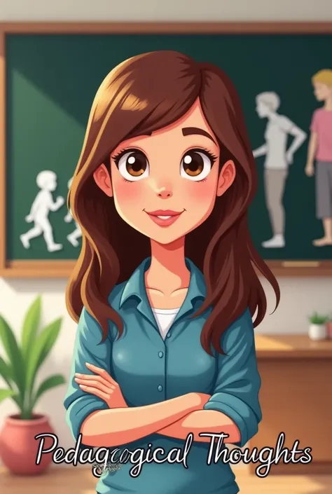  Create a semi-cartoon profile photo for an Instagram page.  Imagine an educator with straight mahogany-colored hair , which is located in a bright room .  In the background ,  there is a large blackboard where the various phases of human growth are clearl...