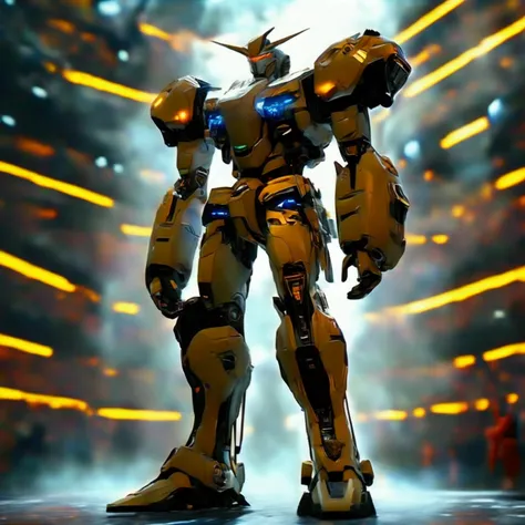 An imposing robot gladiator stands triumphantly in the center of a futuristic arena, its metallic frame gleaming under a canopy of neon lights. The robots armor is adorned with battle scars, with one arm equipped with a massive plasma blade and the other c...