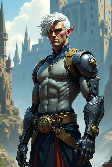 Gray elf , masculine,  short white hair with a longer side,  mechanical left arm , Background a castle,  modern comic book style 