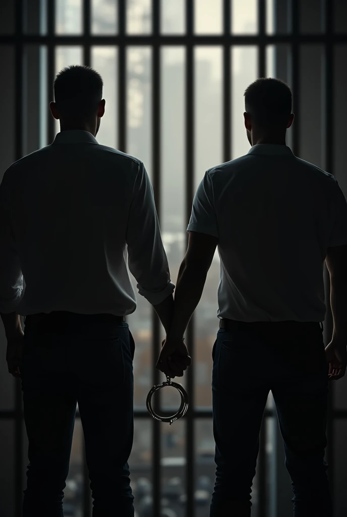 Distant view of two men behind bars with handcuffs in their hands