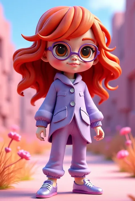 A 3D anime with big red wavy hair with brown eyes and radiant-grade glasses wearing a stunning lilac outfit and beautiful shoes 