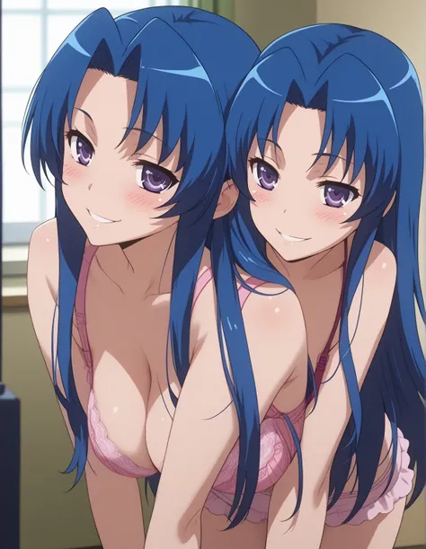 score_9, score_8_up, score_7_up, source_anime,
amikawashima, ami kawashima, long hair, blue hair, purple eyes, parted bangs,
  takeda hiromitsu style,     seductive smile, seductive eyes, black-pink lingerie,bra,blush,bent over,leaning forward,petite,cleav...