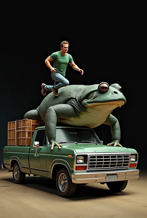  Draw a man running on a black toad wearing a green t-shirt, loading partitions in a 1980 ford f-150 