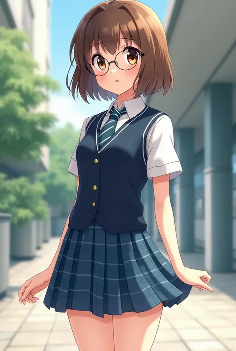 anime young adult girl, brown bob haircut, glasses, brown eyes, school uniform with white shirt, blue and white tie, dark blue vest, blue plaid skirt, bare legs, bare feet.