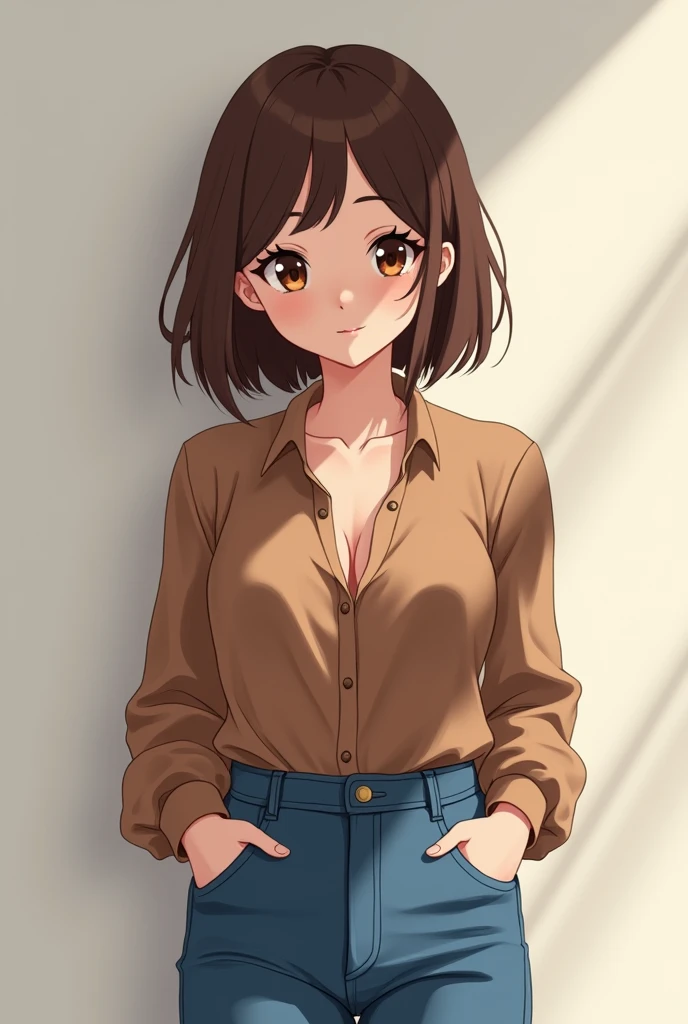 digital art manwua oil painting anime, young woman,  does not wear makeup and soft features , light brown eyes and petite waist-length brown hair,  whitish skin,  pink lips ,  big breasts , Copa G, Wear a brown long sleeve buttonless blouse and blue high-w...