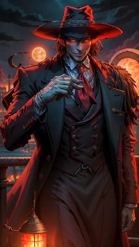 {-error_The_anatomy:1.0}( best quality,4k,8K,highres, masterpiece:1.2)  freezing , character Alucard , personaje The pie,  red coat, Ojos rojos, night landscape, fondo The luna roja,