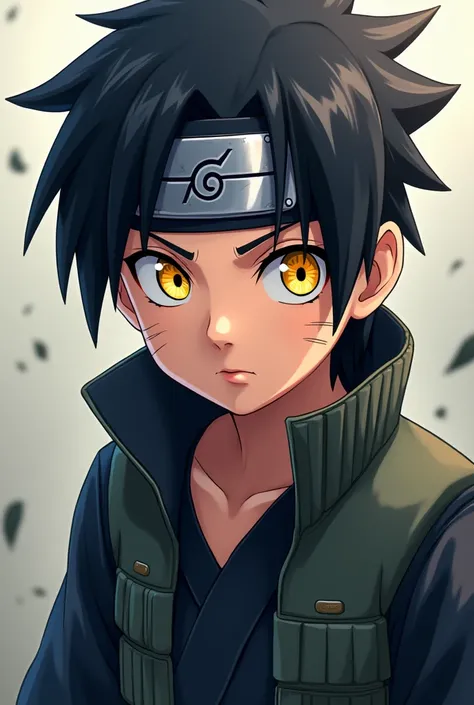 Naruto anime style ,  boy, Palo Negro and fair skin,  bright yellow eyes and pupils shaped like a four-pointed star,  ninja shirt and ninja pants black ,  and wears the ninja band of Konoha around the neck  