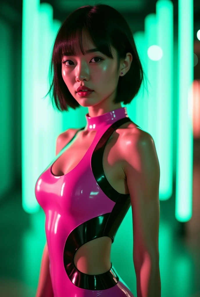 RAW photo, young and athletic Asian woman, neutral expression, standing pose, wearing a pink and black latex bodysuit, short black hair, futuristic neon-lit urban background with green lighting BREAK fashion photography, full body shot, dynamic pose BREAK ...