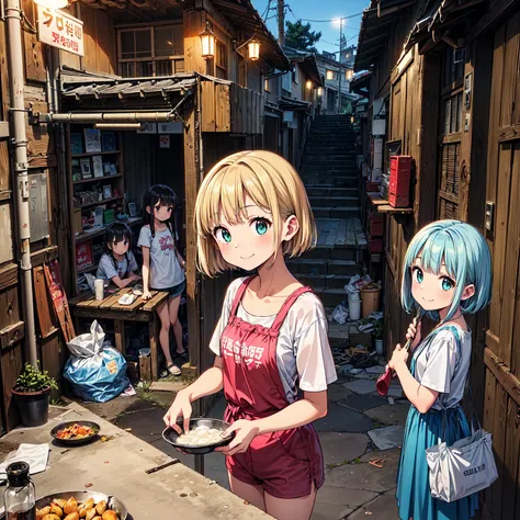 
(( masterpiece 、 top quality 、  Official Art 、  Detailed Anime  、Unity 8  ｋ wallpaper))、evening、night、((( 3 girls、2 girls in summer clothes 、smile)))、( detailed face 、Cooking、Poor conditions、abandoned hot spring town 、Battleship Island、shop、Showa Retro:1....