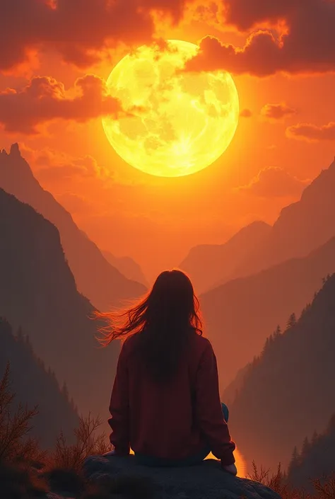  and a young man with long hair staring at that sun with fiery eyes on the fiery, strong sun 、There are wonderful mountains all around 々、 rear view of a man with long hair receiving the power of the sun