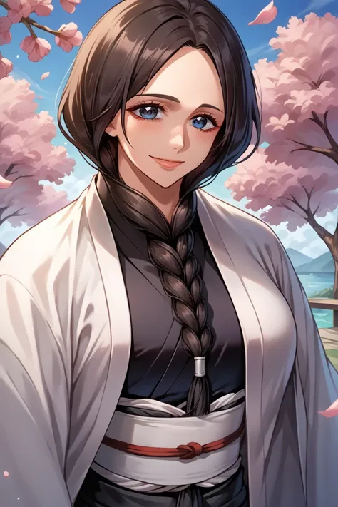 score_9, score_8_up, score_7_up, score_6_up, source_anime, BREAK 1girl, solo, mature female unohana retsu, single braid, white coat, black kimono, black skirt, large breasts, smile, looking at you, cherry blossoms, blue sky, looking at you, upper body,wear...