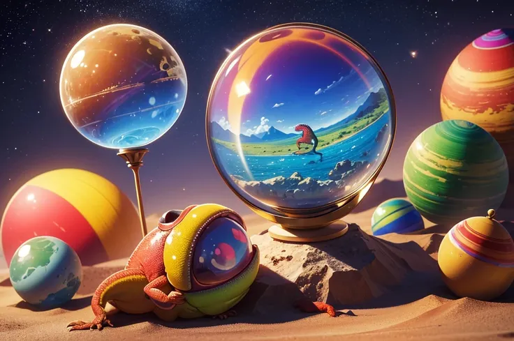  Colorful, Precise, Very Small Chameleon, and Desert Scenery with Other Creatures, Other planets, Precise Hourglass ,  Colorful Precise Broken Globe ,  Psychedelic Balloon 