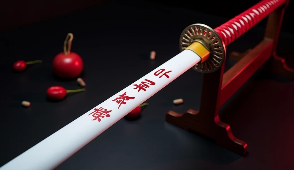 Realistic, Theme is "A Japanese sword with a pure white blade and crimson red handle and a beautiful sheath", Crimson red handle, Intricately decorated disc-shaped tsuba, Pure white blade is 90cm long, Crimson red colored characters on the blade are writte...