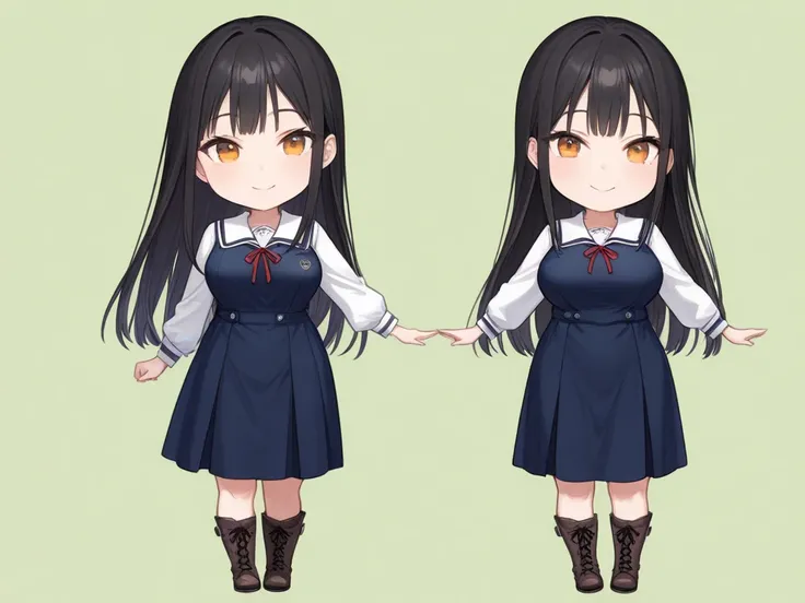 1girl,masterpiece,  top quality ,  Very Aesthetic ,  Absurd, up to date,school uniform dress,boots、Long black hair,happy、Smile lightly,  beautiful,alone, slender body 、Stand、,sidelock ,amber eyes、、 small breasts、,  chibi, full body,green background, simple...