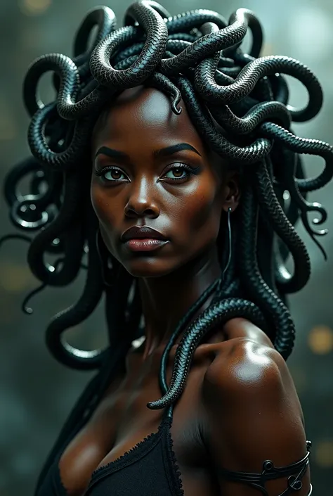 I want Medusa Greek mythology with features and features of black women in the shape of a decal for a tattoo 
