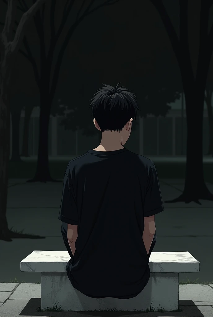 17-year-old dressed in black (t-shirt and sweatpants ) sitting backwards on a white marble bench in a park in the dark  