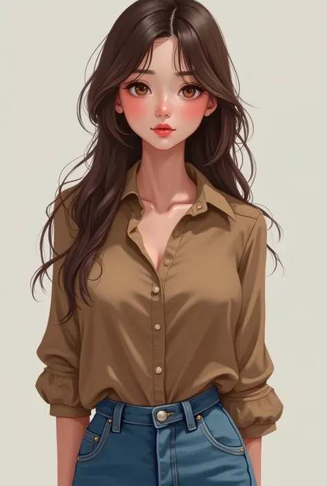 digital art manwua oil painting anime, young woman,  does not wear makeup and soft features ,  light brown eyes and petite long brown hair, very long to the waist ,  whitish skin,  pink lips ,  Voluptuous and large breasts , Copa G, Wear a brown long sleev...