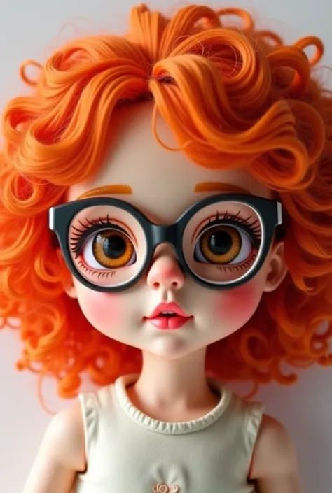  A realistic doll with big red curly hair with brown eyes and prescription glasses with pink cheeks perfect nose and a. Ideal mouth with a vibrant look  