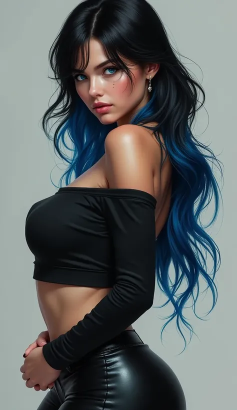 Black-haired girl with the tips painted in blue with strong blue eyes with a serious look in a black sports top with leather pants with big breasts 