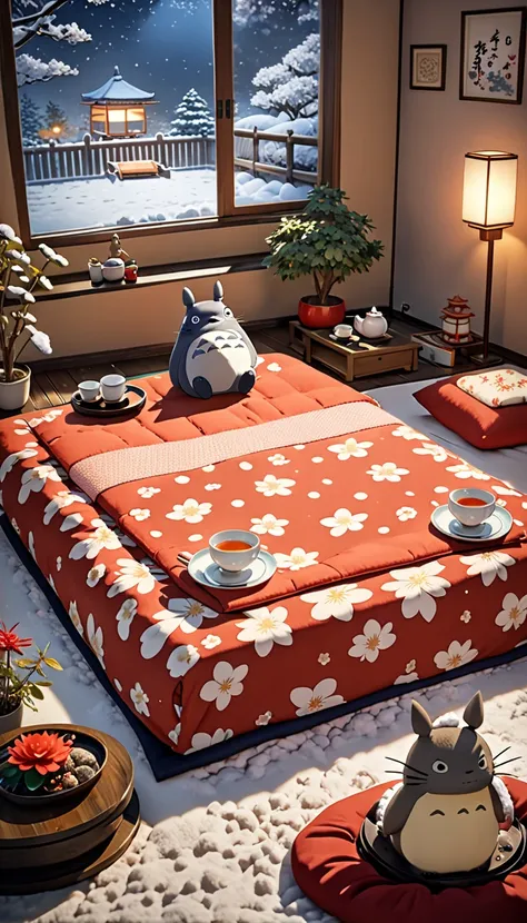 (((live-action adaptation))),((( Im relaxing in a warm kotatsu 1.9))),(((Totoro1 .9))),Totoro sit across from each other,Kagami Mochi ,8K Quality,reality, wonderful, Cool beauty, highest quality, Stylish design, ((Stylish Japanese-Western style room 1.9)),...