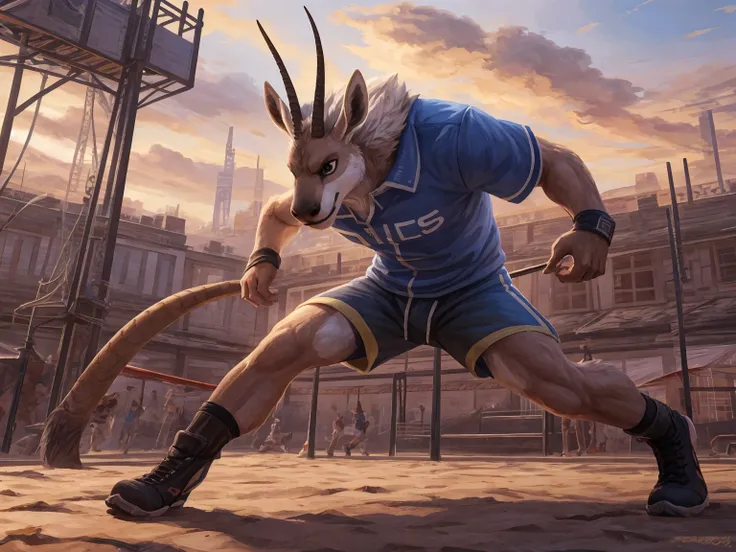 anthelope, mature, antelope horn, antelope tail, anthro, in playground , dashing, white sport shirts, shorts, masterpiece, (16K), HD, Various facial details, detailed background, very detailed, dynamic poses, Eyes details, high resolution, high quality, co...