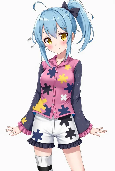 Anime girl with pale blue skin, high thick right side bun with lopsided bangs, silver push pins, silver sewing needle left earring, yellow eyes with button shaped middle, stitching and patchwork on left leg, pink dark blue and yellow puzzle piece patchwork...